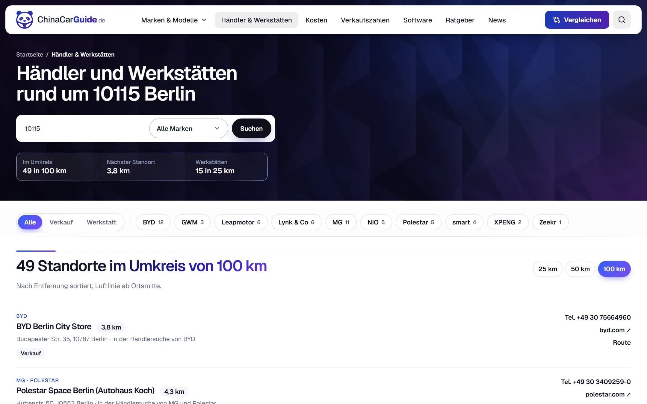 Screenshot der Händlersuche: Standorte rund um 10115 Berlin, nach Entfernung sortiert