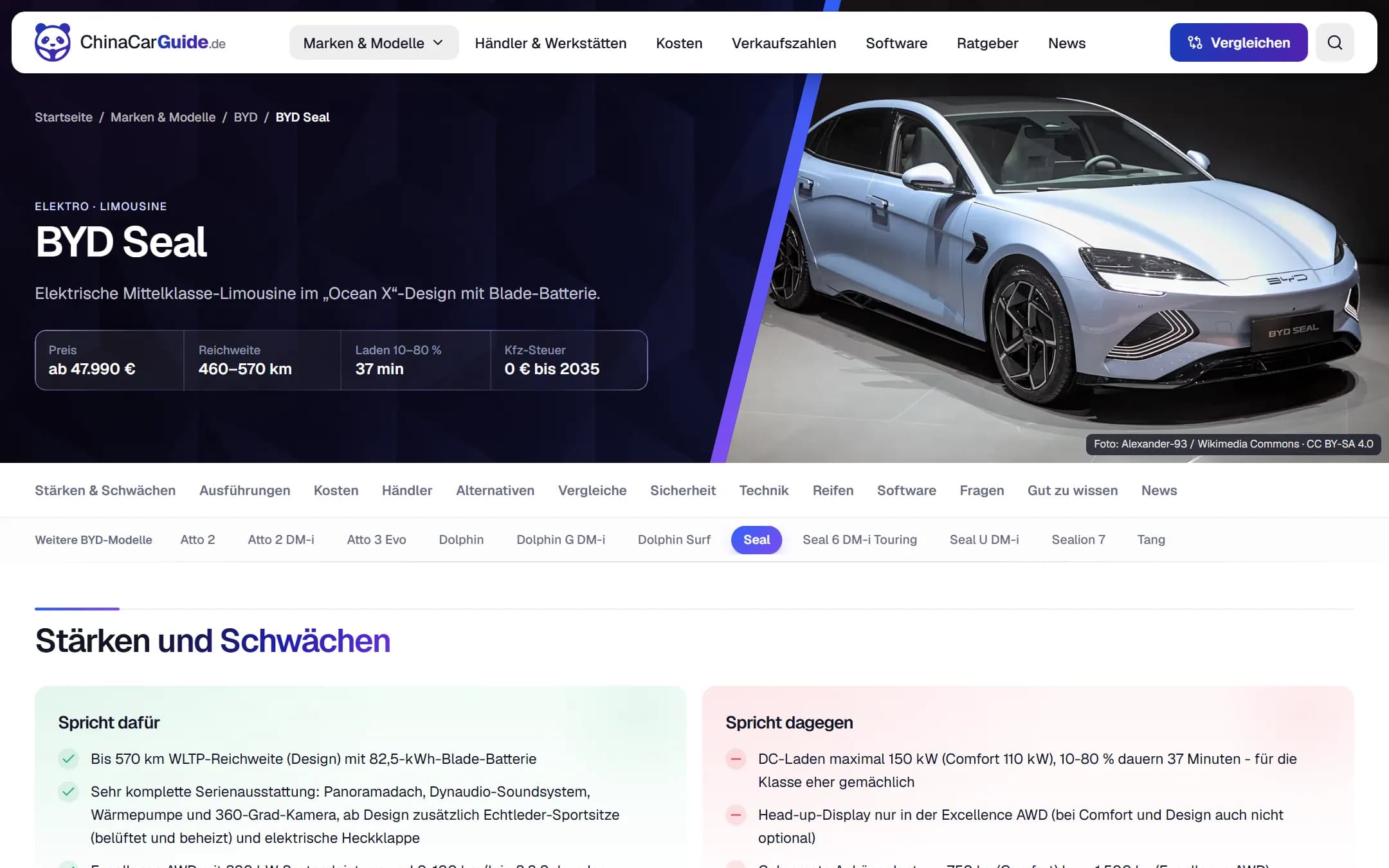 Screenshot der Modellseite BYD Seal: Preis, Reichweite, Ladezeit und Kfz-Steuer auf einen Blick