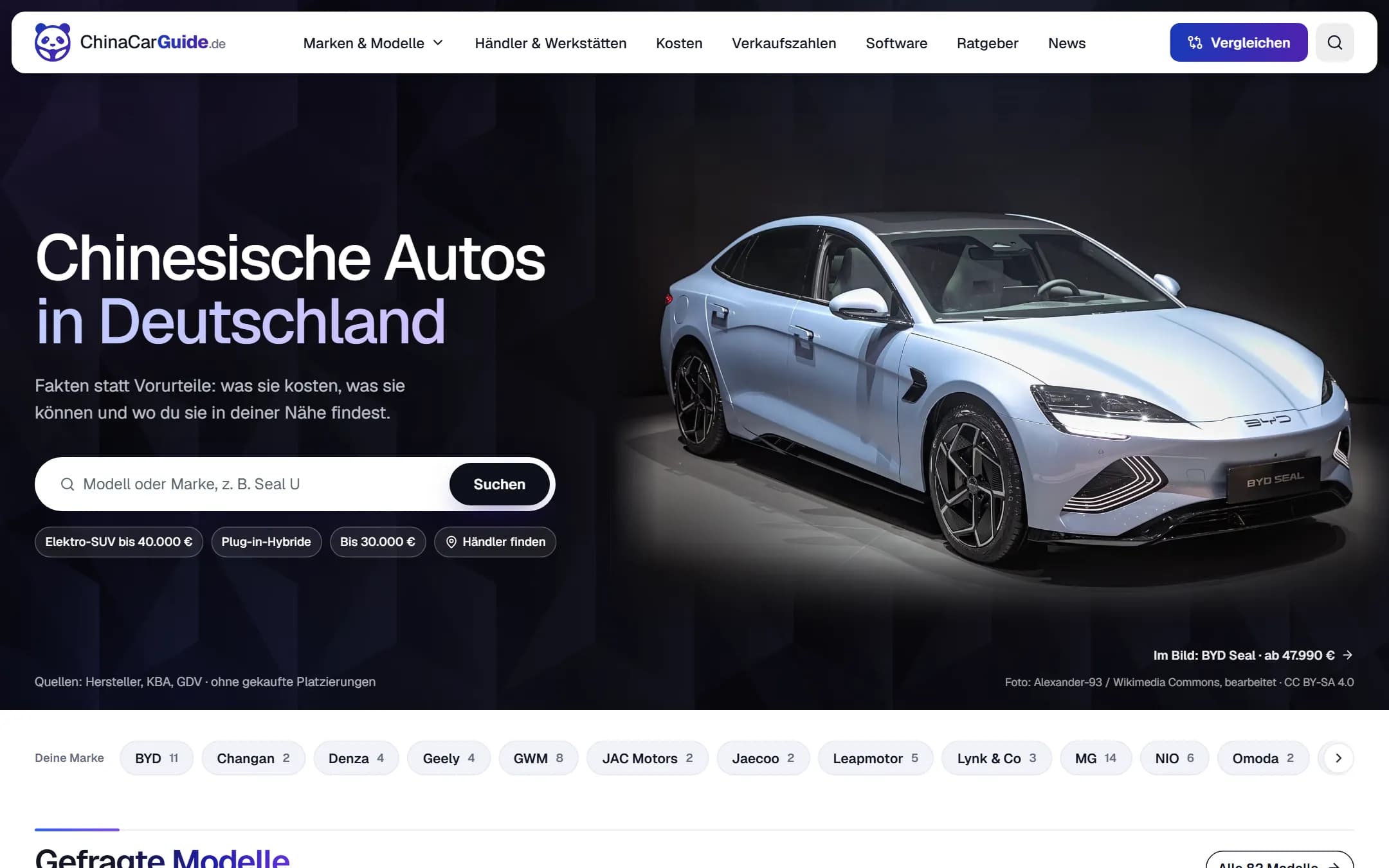 Screenshot der Startseite von China Car Guide: Suche, Schnellfilter und ein Foto des BYD Seal